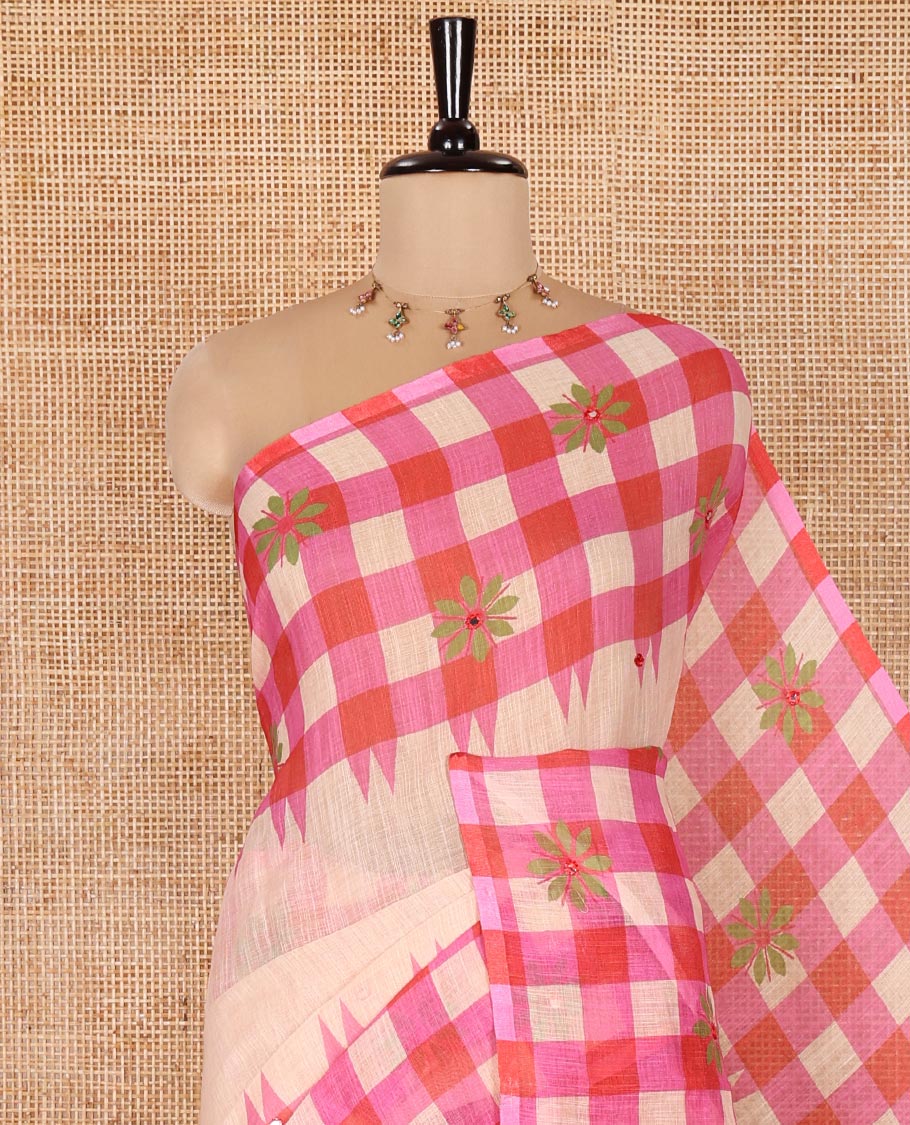 Chikku and Pink Linen Cotton Saree, Beautified with Mirror Work On Its Body, Complemented by Contrast Temple Checked Border of Floral Print and Mirror Work, Pallu Mirrors the Same Design and Paired with a Contrast Blouse - Image 2