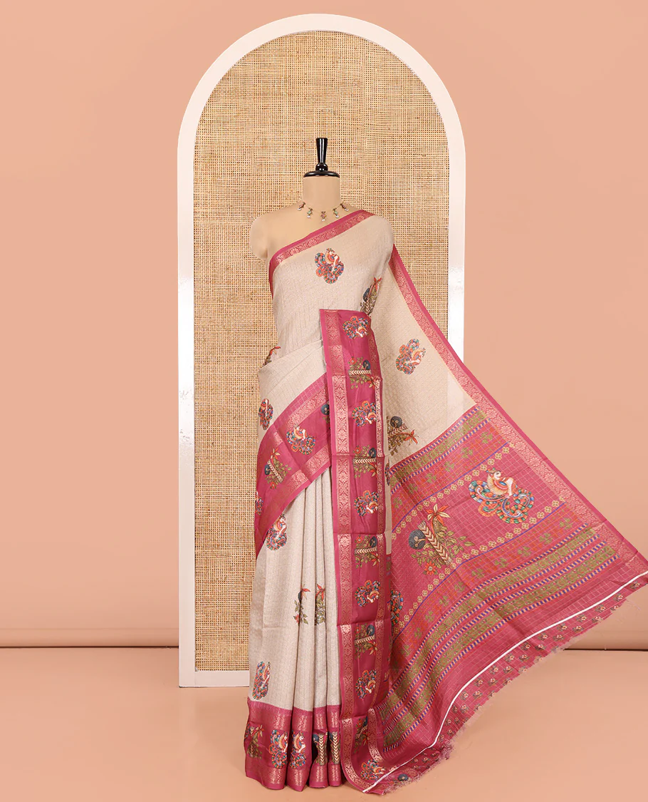 Chikku and Rani Moss-Chiffon Saree, Adorned with Checked Design and Floral-Bird Motifs Printed on Its Body, Complemented by Contrast Zari and Printed Border, Pallu of Floral and Bird Designs, and Paired with a Contrast Blouse