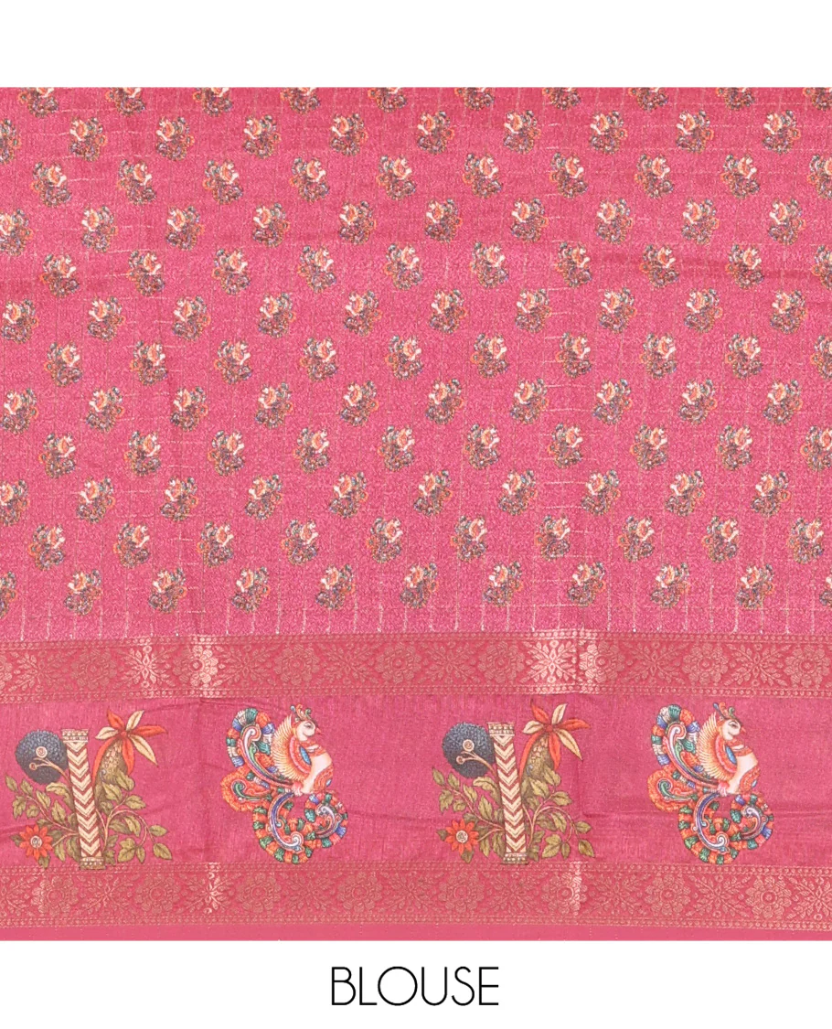 Chikku and Rani Moss-Chiffon Saree, Adorned with Checked Design and Floral-Bird Motifs Printed on Its Body, Complemented by Contrast Zari and Printed Border, Pallu of Floral and Bird Designs, and Paired with a Contrast Blouse - Image 3