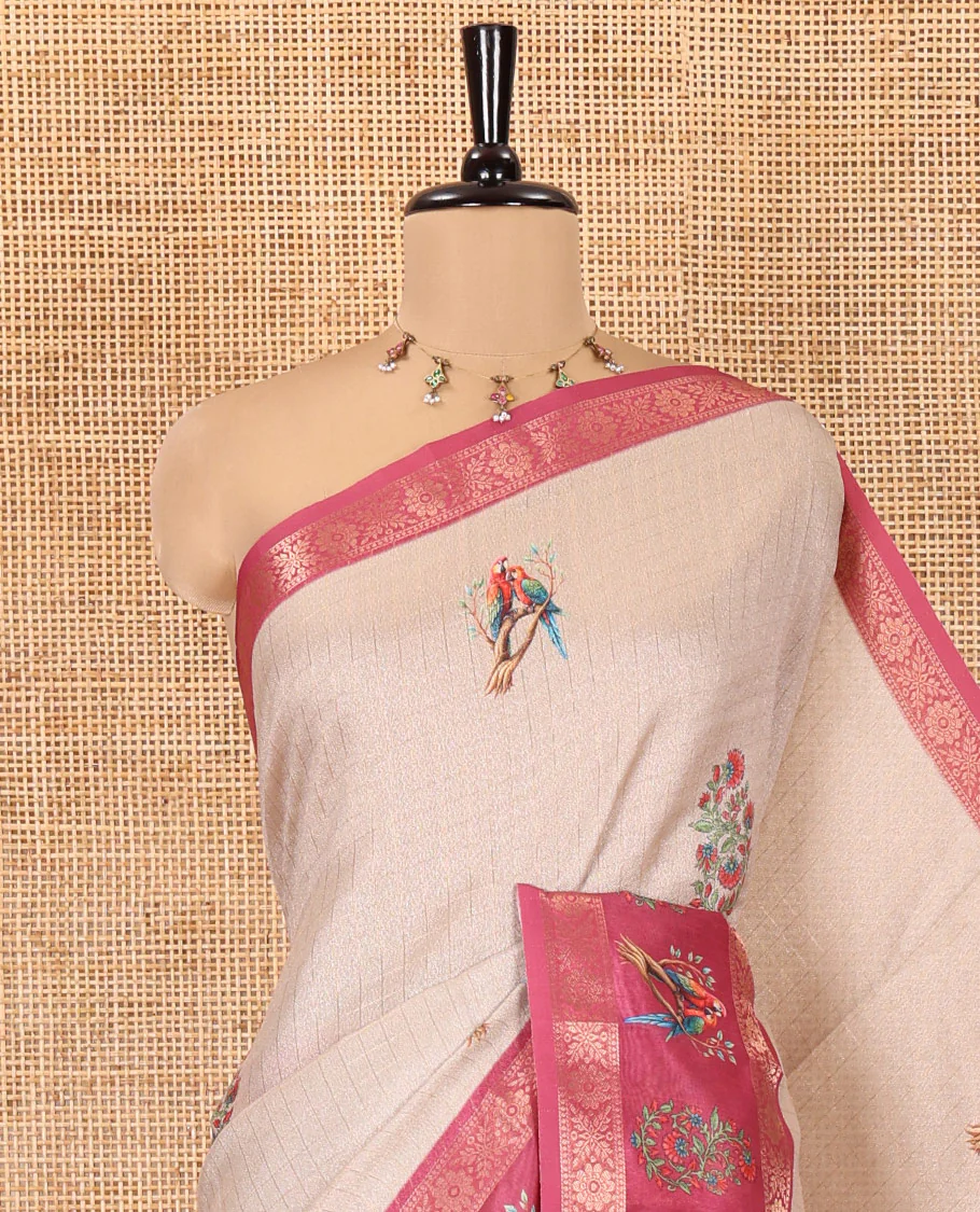 Chikku and Rani Moss-Chiffon Saree, Adorned with Checked Design and Floral-Macow Parrot Motifs Printed on Its Body, Complemented by Contrast Zari and Printed Border, Pallu of Floral and Parrot Designs, and Paired with a Contrast Blouse - Image 2