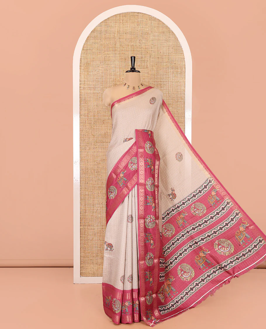Chikku and Rani Moss-Chiffon Saree, Beautified with Checked Design and Round Peacock-Elephant Motifs Printed on Its Body, Complemented by Contrast Zari and Printed Border, Pallu of Round Peacock-Elephant Designs, and Paired with a Contrast Blouse