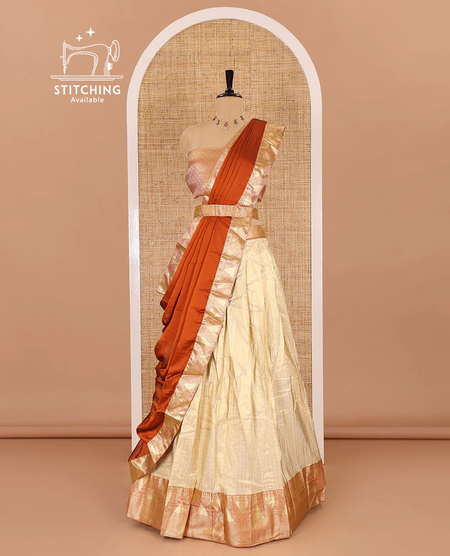 Chikku and rust half-saree, zari checked with contrast traditional zari bordered banarasi skirt, jacquard blouse, and a contrast zari bordered syska georgette dhavani - Image 3