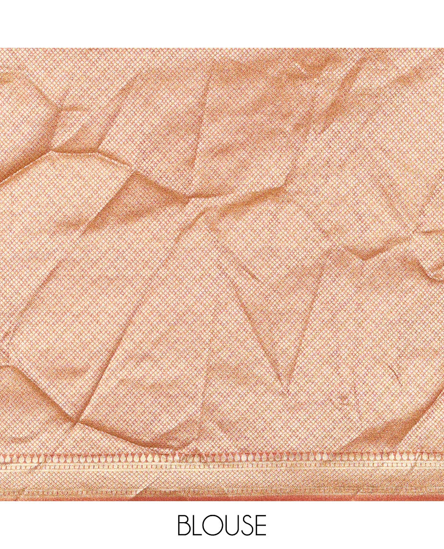 Chikku and rust half-saree, zari checked with contrast traditional zari bordered banarasi skirt, jacquard blouse, and a contrast zari bordered syska georgette dhavani - Image 4
