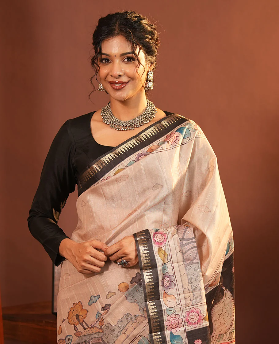 Chikku-Black Fancy Tussar Saree, Artfully Detailed with Kalamkari-Style Floral Print Across Its Body, Complemented by Contrast Temple Zari Border, a Colourfully Kalamkari Printed Pallu, and Paired with a Plain Blouse - Image 3
