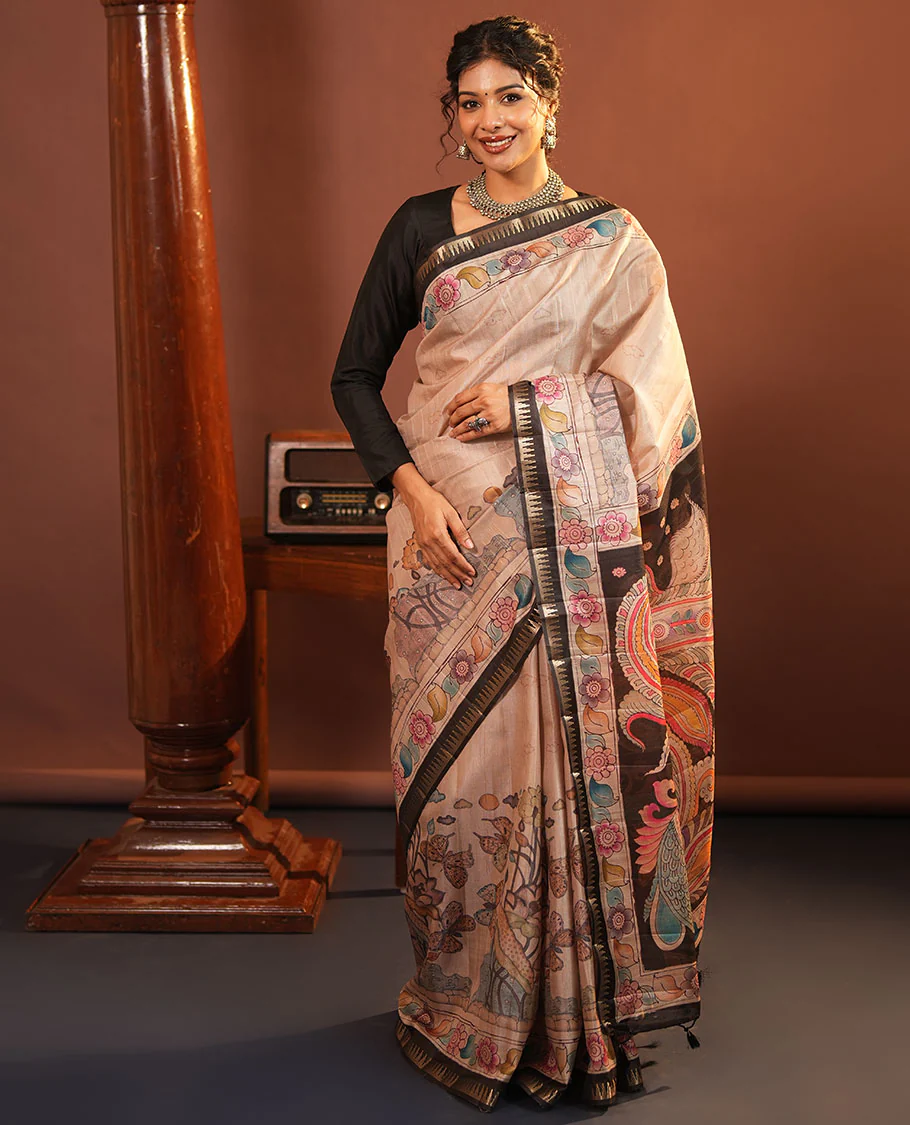 Chikku-Black Fancy Tussar Saree, Artfully Detailed with Kalamkari-Style Floral Print Across Its Body, Complemented by Contrast Temple Zari Border, a Colourfully Kalamkari Printed Pallu, and Paired with a Plain Blouse - Image 4