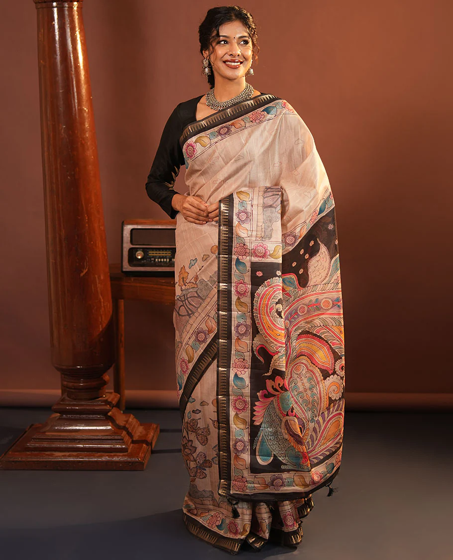 Chikku-Black Fancy Tussar Saree, Artfully Detailed with Kalamkari-Style Floral Print Across Its Body, Complemented by Contrast Temple Zari Border, a Colourfully Kalamkari Printed Pallu, and Paired with a Plain Blouse - Image 5