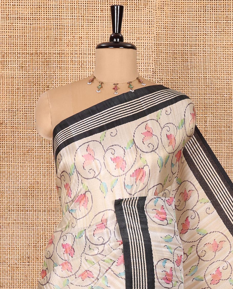 Chikku-black floral vine printed tissue patola saree, contrast striped border, pallu of floral and Pichwai cow motifs print, and a plain blouse - Image 2