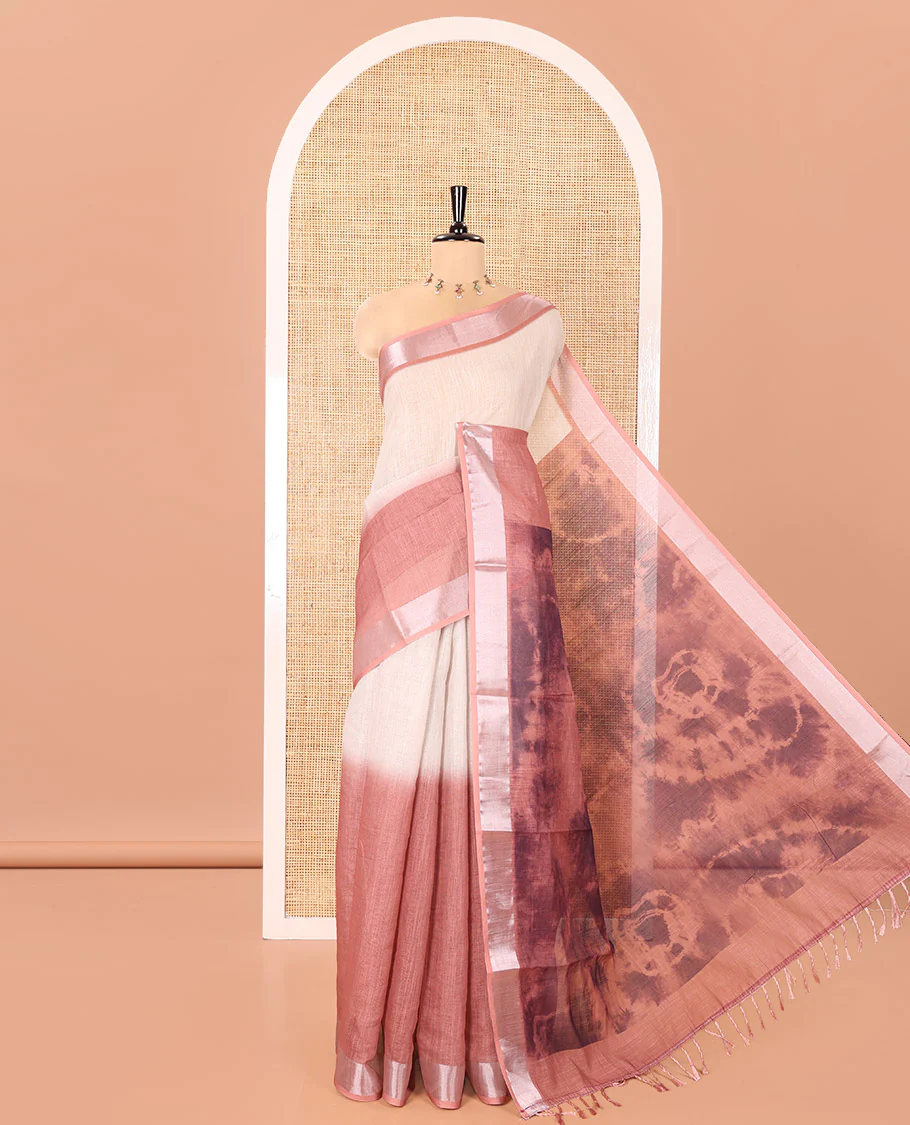 Chikku-Brown Linen Cotton Saree, Adorned With Ombre-style Dye Print, a Subtle Zari Border, Bold Shibori-Printed Pallu, and a Printed Blouse