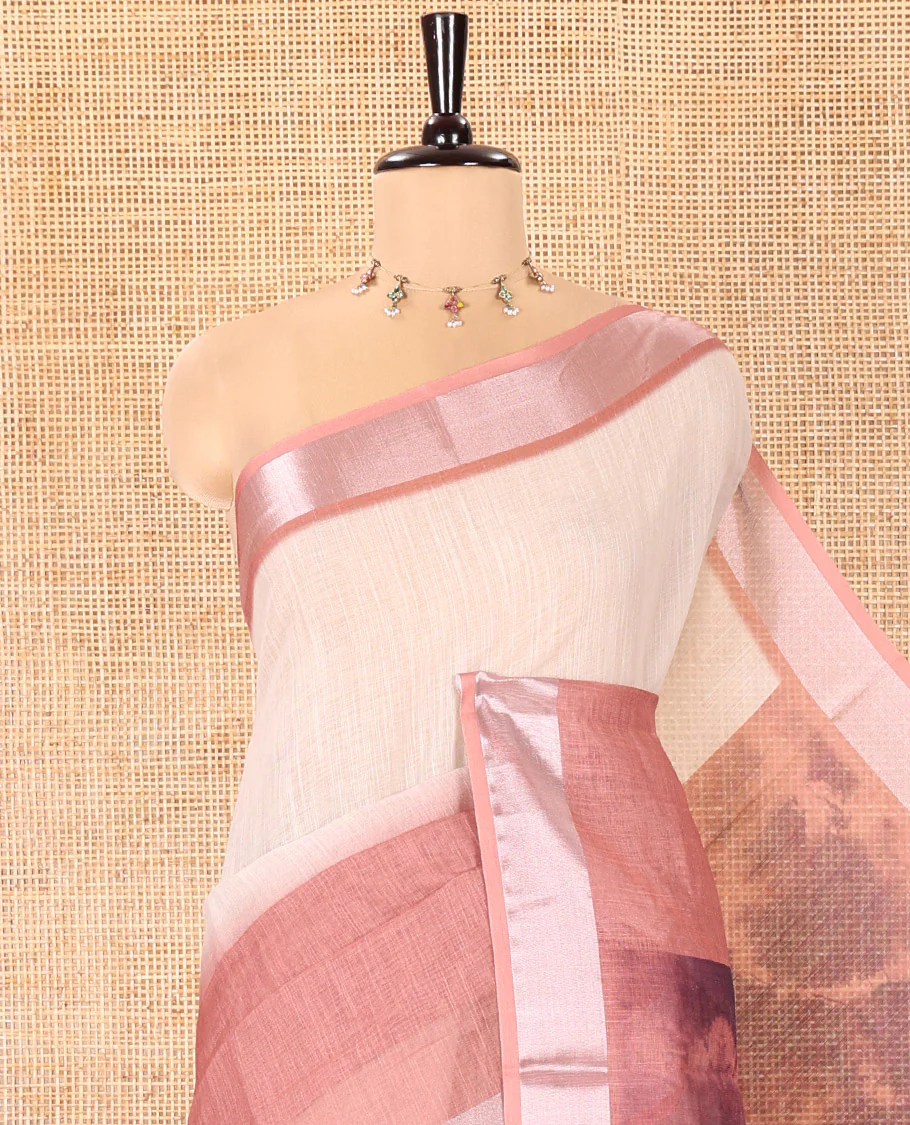 Chikku-Brown Linen Cotton Saree, Adorned With Ombre-style Dye Print, a Subtle Zari Border, Bold Shibori-Printed Pallu, and a Printed Blouse - Image 2