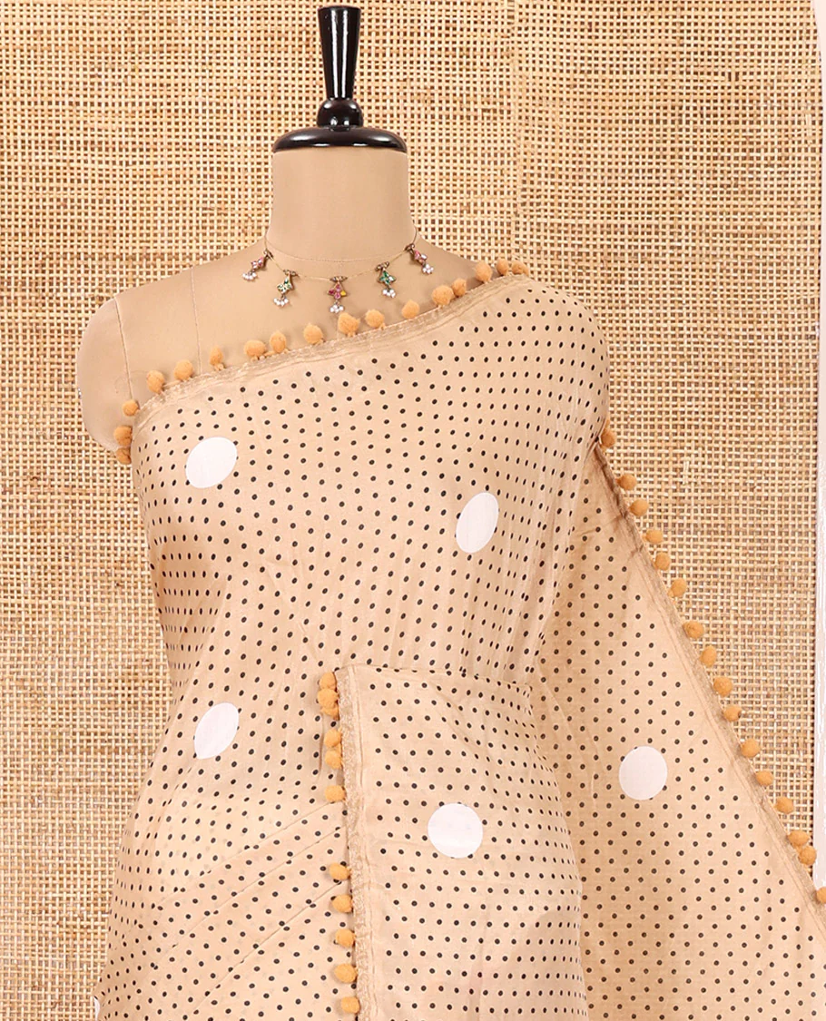 Chikku Chanderi Cotton Saree, Steeped with Small and Big Polka Dots on Its Body, Subtle Pom-Pom Tasseled Border, a Self-Pallu, and Paired with a Contrast Blouse - Image 2
