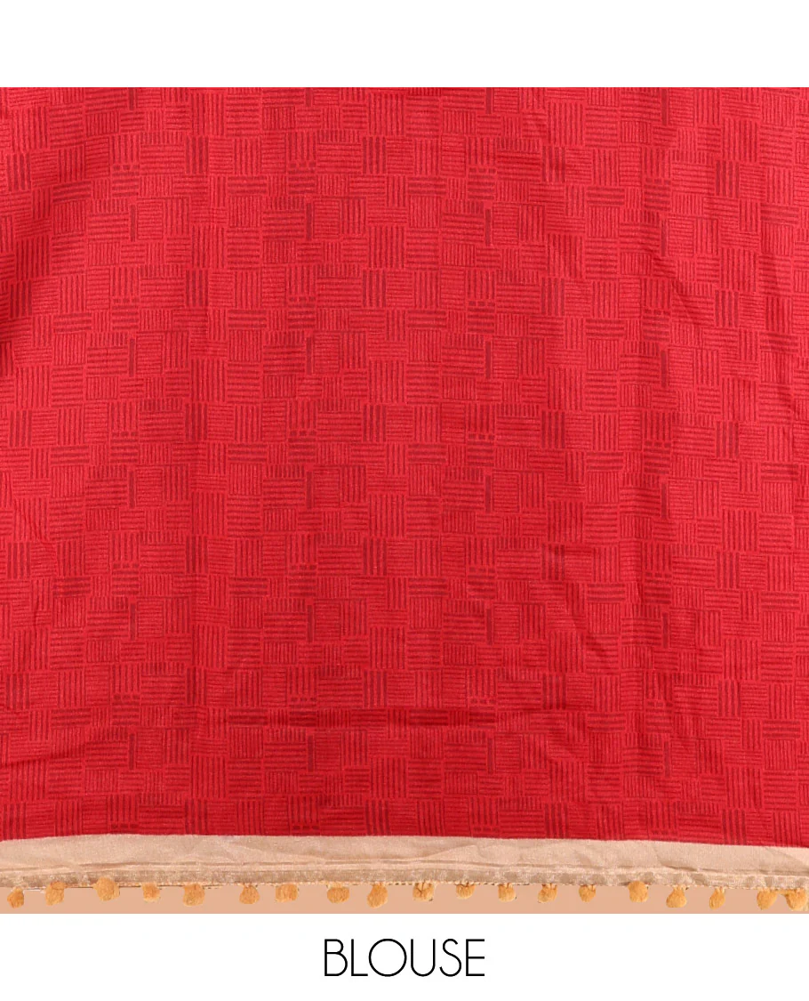 Chikku Chanderi Cotton Saree, Steeped with Small and Big Polka Dots on Its Body, Subtle Pom-Pom Tasseled Border, a Self-Pallu, and Paired with a Contrast Blouse - Image 3