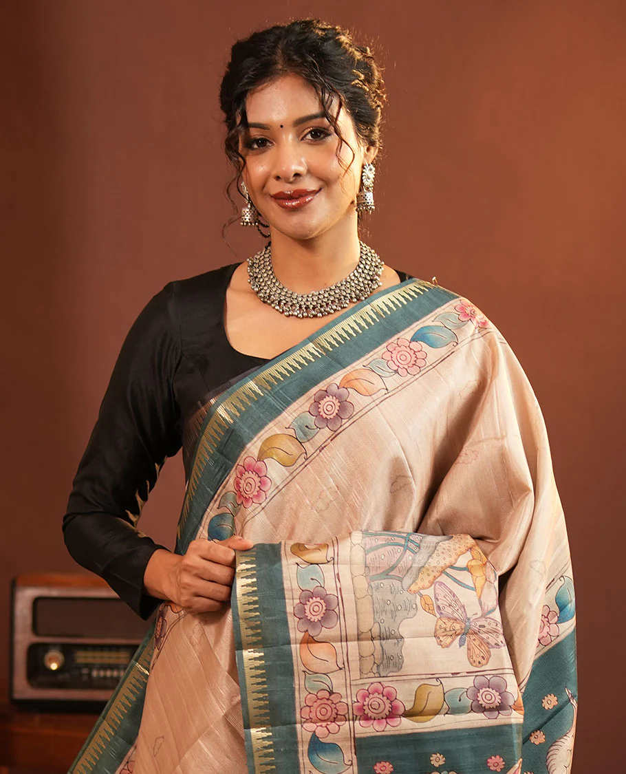 Chikku-Green Fancy Tussar Saree, Artfully Detailed with Kalamkari-Style Floral Print Across Its Body, Complemented by Contrast Temple Zari Border, a Colourfully Kalamkari Printed Pallu, and Paired with a Plain Blouse - Image 2