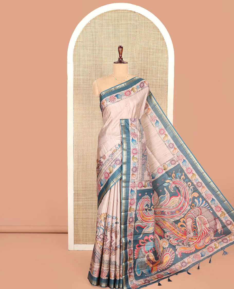 Chikku-Green Fancy Tussar Saree, Artfully Detailed with Kalamkari-Style Floral Print Across Its Body, Complemented by Contrast Temple Zari Border, a Colourfully Kalamkari Printed Pallu, and Paired with a Plain Blouse - Image 3