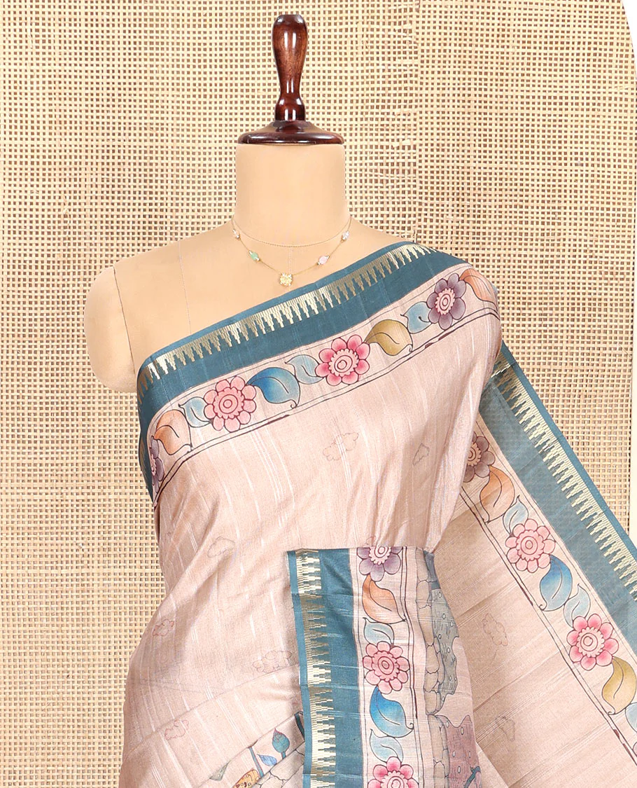 Chikku-Green Fancy Tussar Saree, Artfully Detailed with Kalamkari-Style Floral Print Across Its Body, Complemented by Contrast Temple Zari Border, a Colourfully Kalamkari Printed Pallu, and Paired with a Plain Blouse - Image 4
