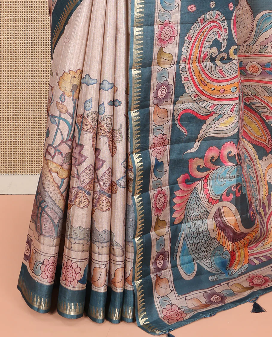 Chikku-Green Fancy Tussar Saree, Artfully Detailed with Kalamkari-Style Floral Print Across Its Body, Complemented by Contrast Temple Zari Border, a Colourfully Kalamkari Printed Pallu, and Paired with a Plain Blouse - Image 5