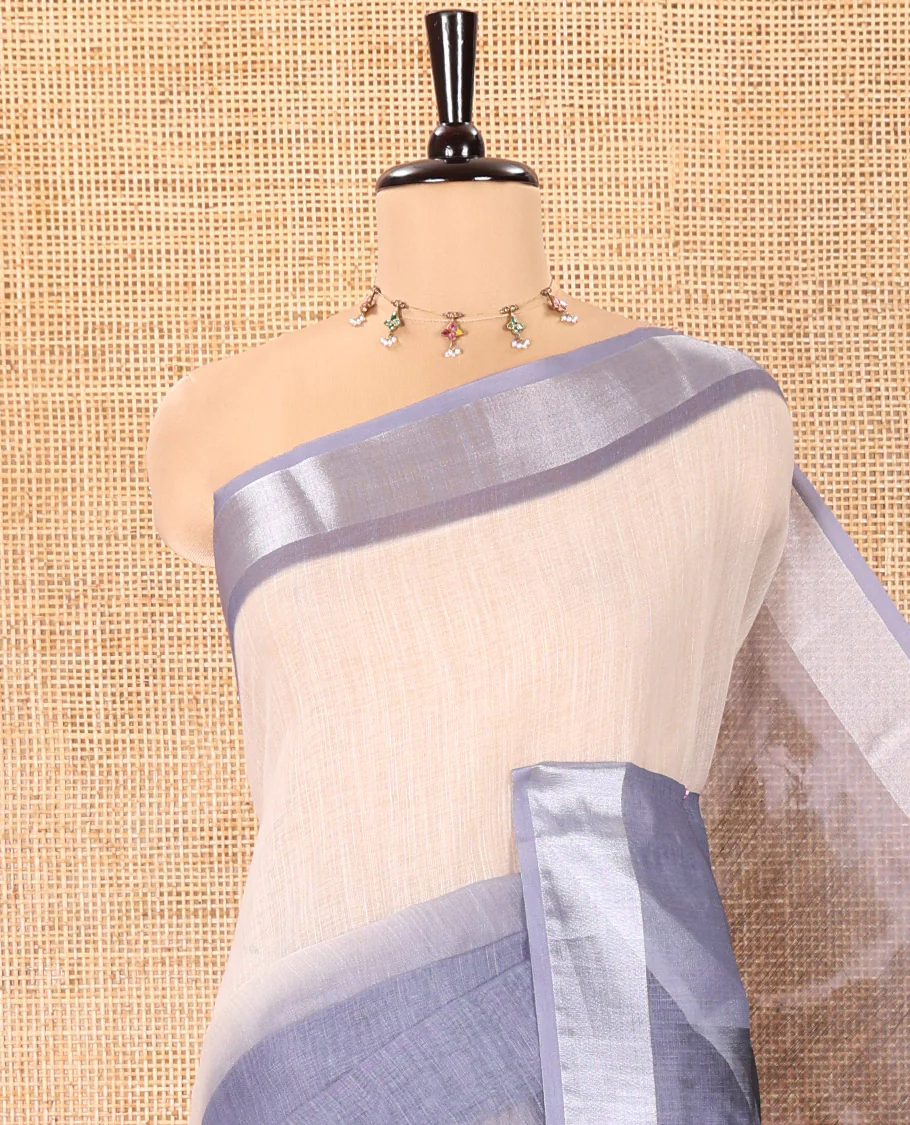 Chikku-Grey Linen Cotton Saree, Adorned with Ombre-Style Dye Print, a Subtle Zari Border, Bold Shibori-Printed Pallu, and a Printed Blouse - Image 2