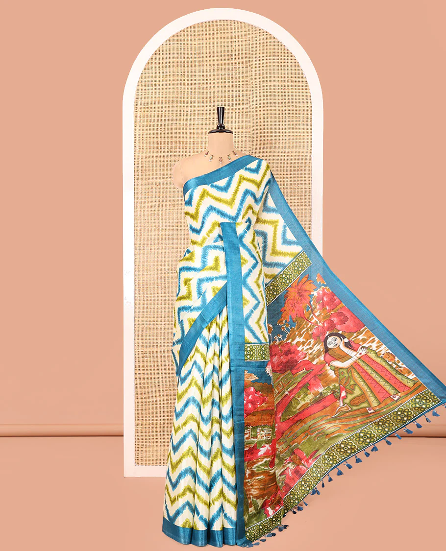 Chikku Khadi Cotton Saree, Adorned with Zig-Zag Stripes All Over Its Body, Complemented by a Contrast Plain Border, Nature-Themed Scenery Printed Pallu, and Paired with a Contrast Blouse
