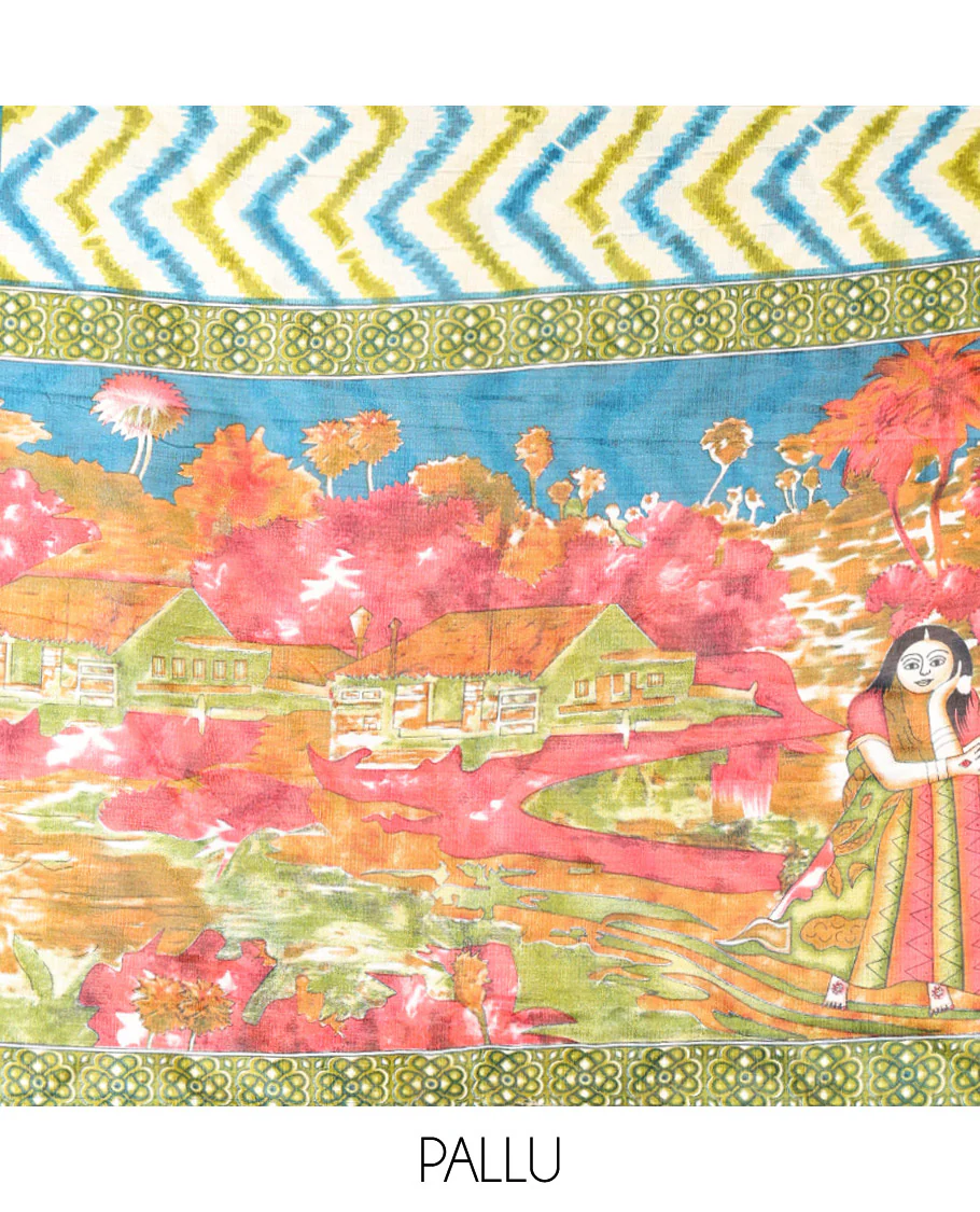 Chikku Khadi Cotton Saree, Adorned with Zig-Zag Stripes All Over Its Body, Complemented by a Contrast Plain Border, Nature-Themed Scenery Printed Pallu, and Paired with a Contrast Blouse - Image 3