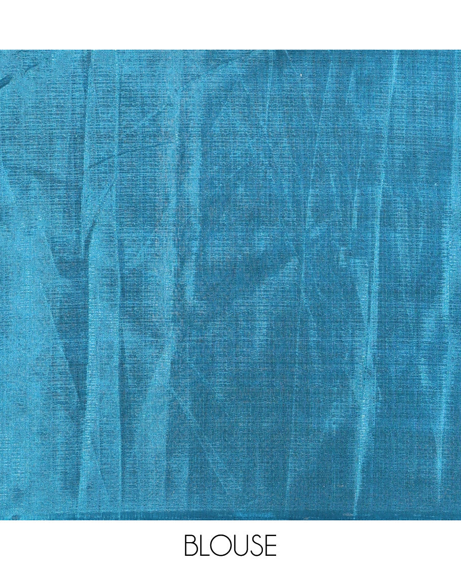 Chikku Khadi Cotton Saree, Adorned with Zig-Zag Stripes All Over Its Body, Complemented by a Contrast Plain Border, Nature-Themed Scenery Printed Pallu, and Paired with a Contrast Blouse - Image 4