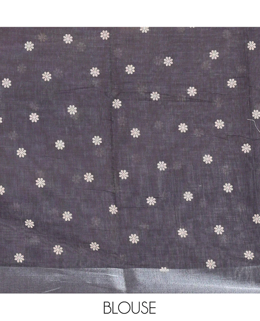 Chikku Linen Cotton Saree, Beautified with Silhouette-Style Floral Vine Printed on Its Body, Subtly Zari Bavanji Border, Pallu of Same Floral Print, and Paired with a Matching Blouse - Image 3