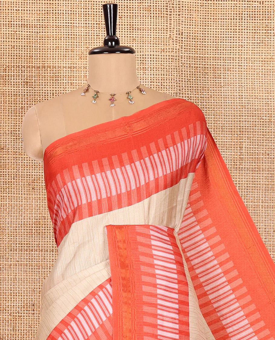 Chikku  Manipuri Silk Saree Subtly Woven with Stripes All Over Its Body, Complemented by Contrast Geometric Print and Zari Work Border, Pallu Features Stripes, and Paired with a Contrast Striped Blouse - Image 2