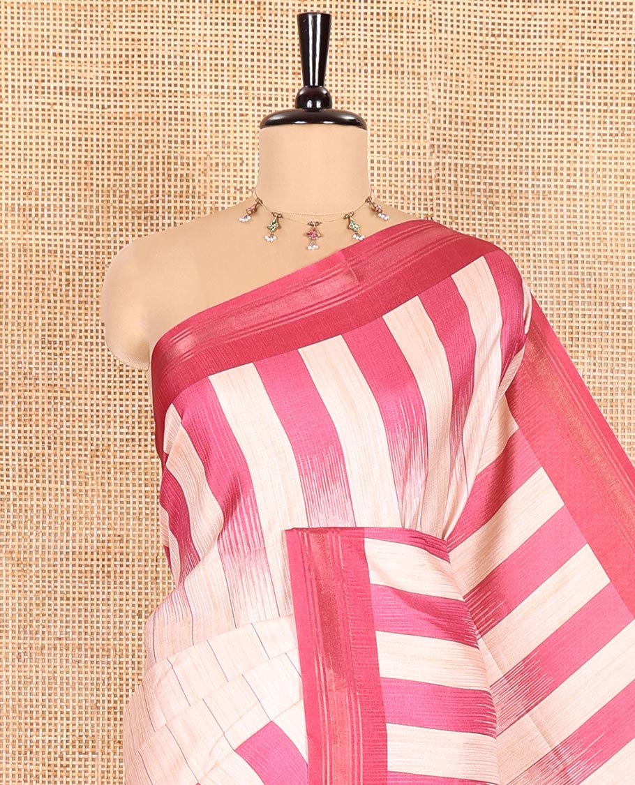 Chikku Manipuri Silk Saree, Subtly Woven with Vertical Stripes All Over Its Body, Complemented by Contrast Zari Border, Sparsely Striped Pallu, and Paired with a Contrast Blouse - Image 2
