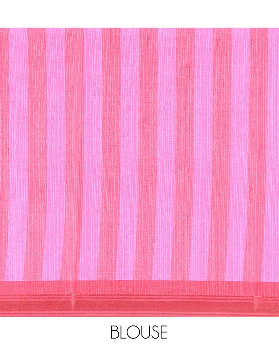 Chikku Manipuri Silk Saree, Subtly Woven with Vertical Stripes All Over Its Body, Complemented by Contrast Zari Border, Sparsely Striped Pallu, and Paired with a Contrast Blouse - Image 3