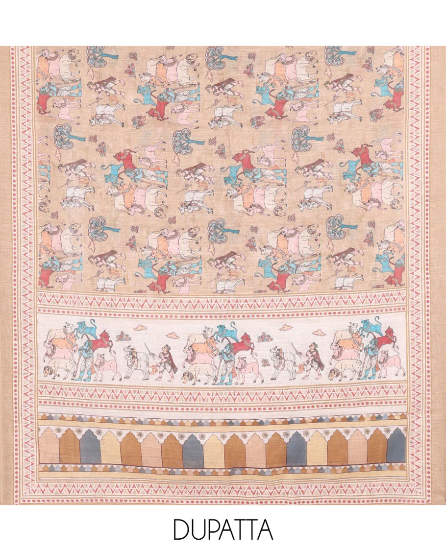 Chikku Material Churidar Set, Sparsely Woven with Buttas and Pichwai Cow Printed Semi-Linen Top, Comes with a Contrast Plain Santoon Bottom, Santoon Dupatta of Unique Pichwai and Human Figurines Print - Image 2