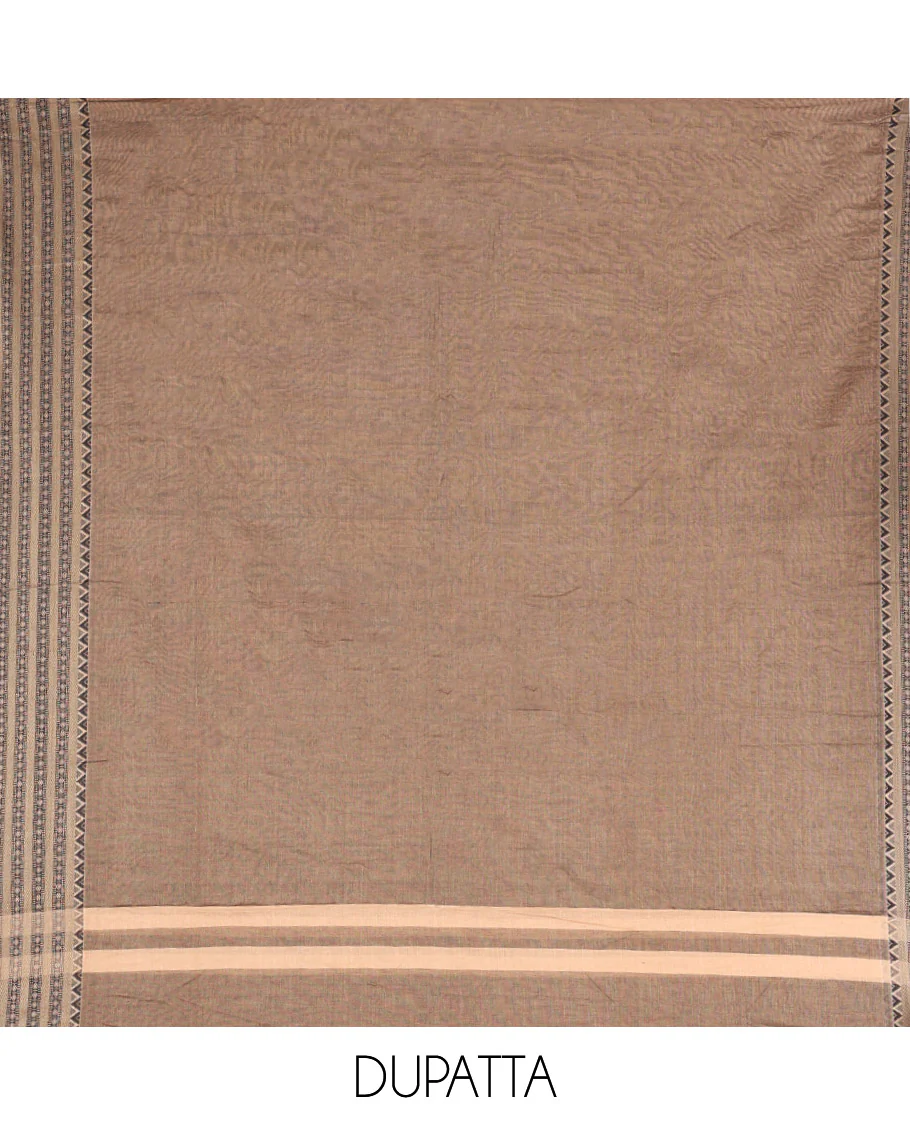 Chikku Mercerised Cotton Material Churidar Set, Subtly Made Plain with Traditional Bordered Top, a Mercerised Cotton Bottom, and Paired with a Mercerised Cotton Traditional Bordered Dupatta - Image 2