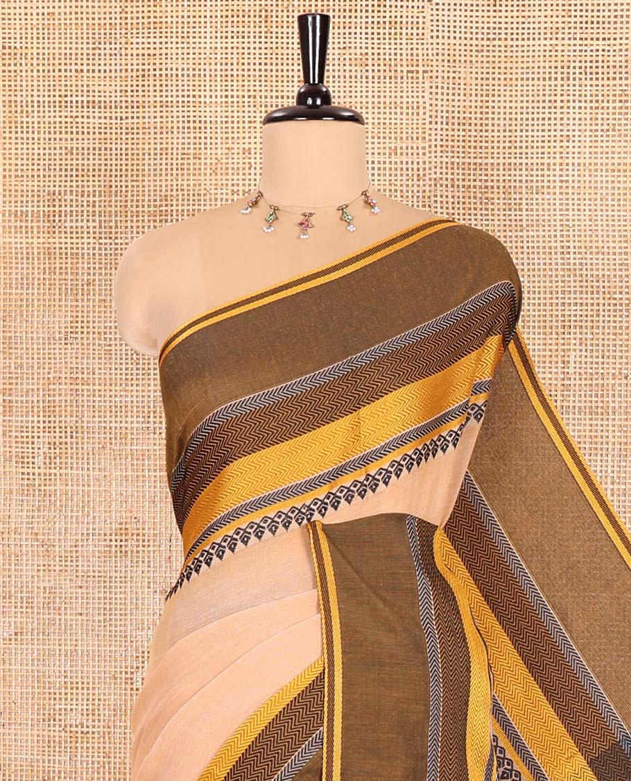 Chikku Plain Khadi Mul Cotton Saree, Complemented by a Contrast Thread-Woven Border of Geometric Patterns, Contrast Plain Pallu, and Paired with a Matching Blouse - Image 2