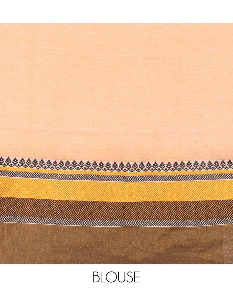 Chikku Plain Khadi Mul Cotton Saree, Complemented by a Contrast Thread-Woven Border of Geometric Patterns, Contrast Plain Pallu, and Paired with a Matching Blouse - Image 3