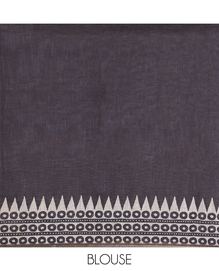 Chikku Plain Linen Cotton Saree, Artfully Printed Pallu of Temple Motifs, Circles, and Warli Village Themed Motifs Printed All Over Its Body, and Border, Pallu Pictures Warli Village Theme Motifs, and Paired with a Contrast Blouse - Image 3