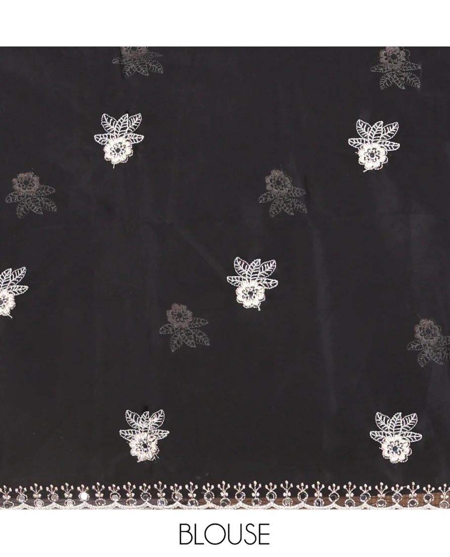Chikku Rangoli Chiffon Saree, Delicately Woven with Flower-Style Motifs Embroidered on Its Body, a Subtle Scallop Embroidered Border, a Self-Pallu, and Paired with a Contrast Embroidered Blouse - Image 3