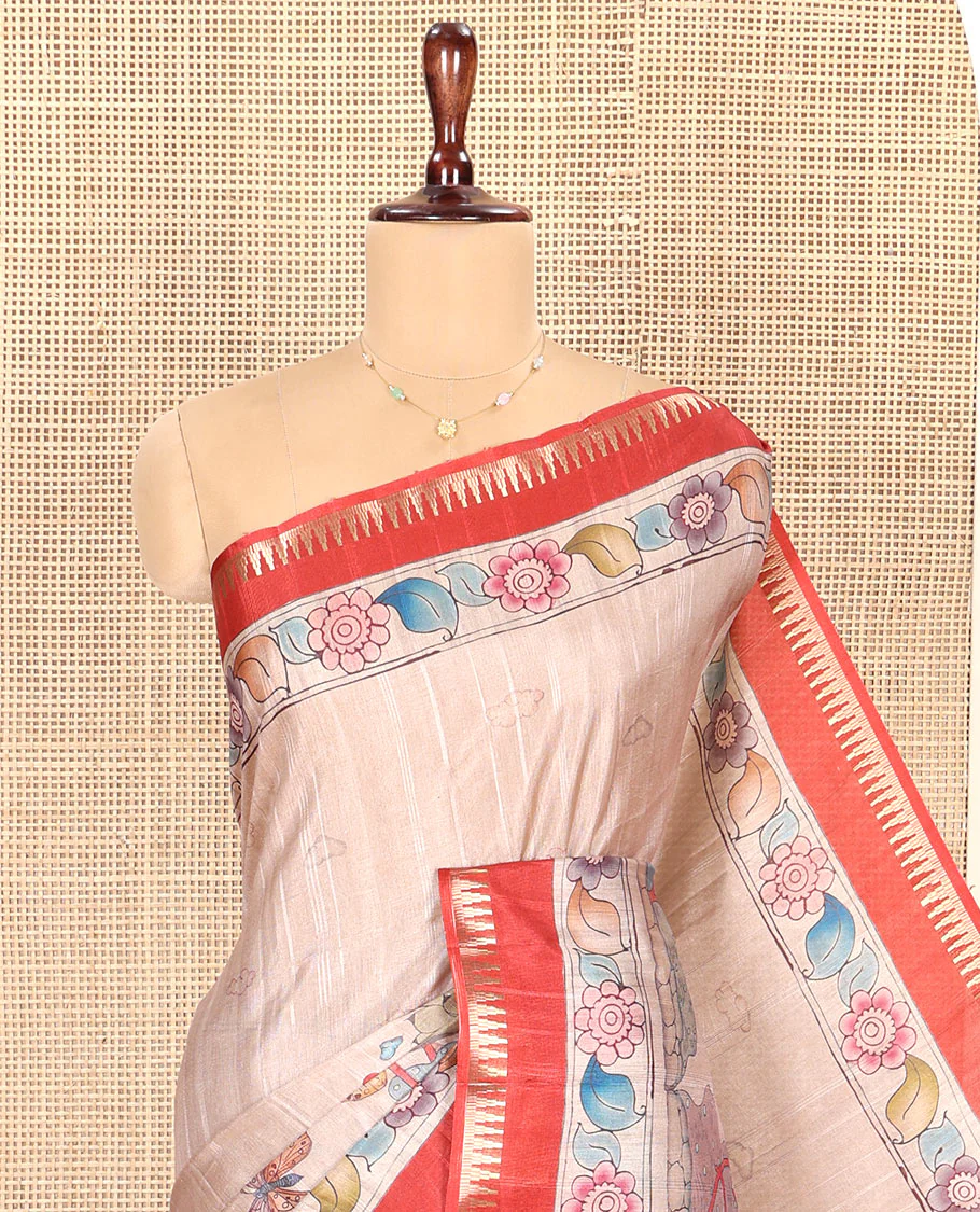 Chikku-Red Fancy Tussar Saree, Artfully Detailed with Kalamkari-Style Floral Print Across Its Body, Complemented by Contrast Temple Zari Border, a Colourfully Kalamkari Printed Pallu, and Paired with a Plain Blouse - Image 4