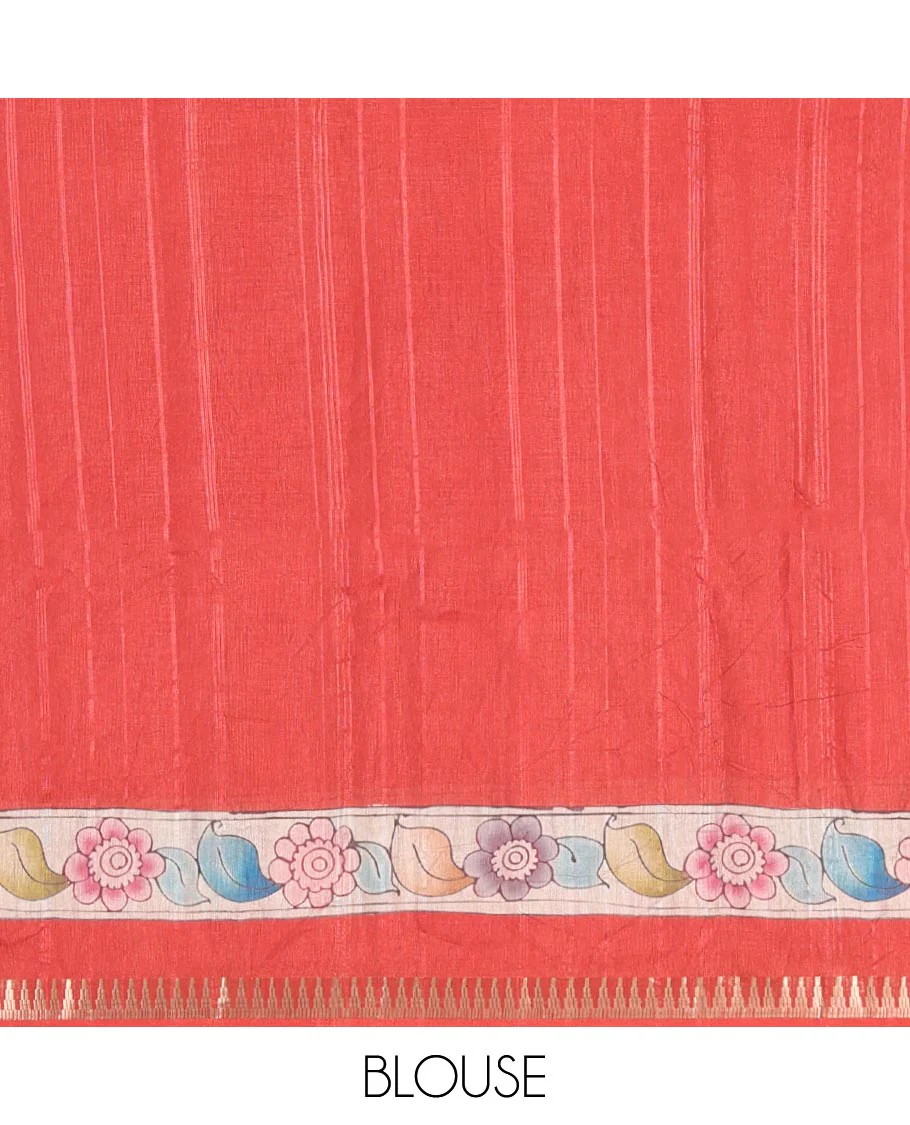 Chikku-Red Fancy Tussar Saree, Artfully Detailed with Kalamkari-Style Floral Print Across Its Body, Complemented by Contrast Temple Zari Border, a Colourfully Kalamkari Printed Pallu, and Paired with a Plain Blouse - Image 6