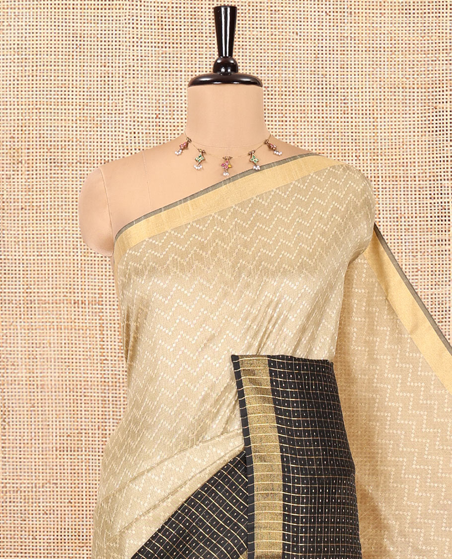 Chikku Semi-Raw Silk Saree, Delicately Woven with Zig-Zag Stripes All Over Its Body, Complemented by Contrast Border of Butta Enclosed Checks, Striped Pallu, and Paired with a Contrast Blouse - Image 2