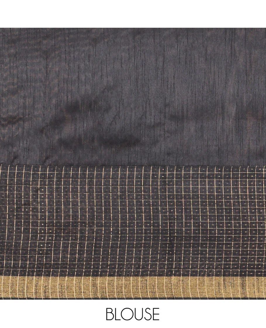 Chikku Semi-Raw Silk Saree, Delicately Woven with Zig-Zag Stripes All Over Its Body, Complemented by Contrast Border of Butta Enclosed Checks, Striped Pallu, and Paired with a Contrast Blouse - Image 3