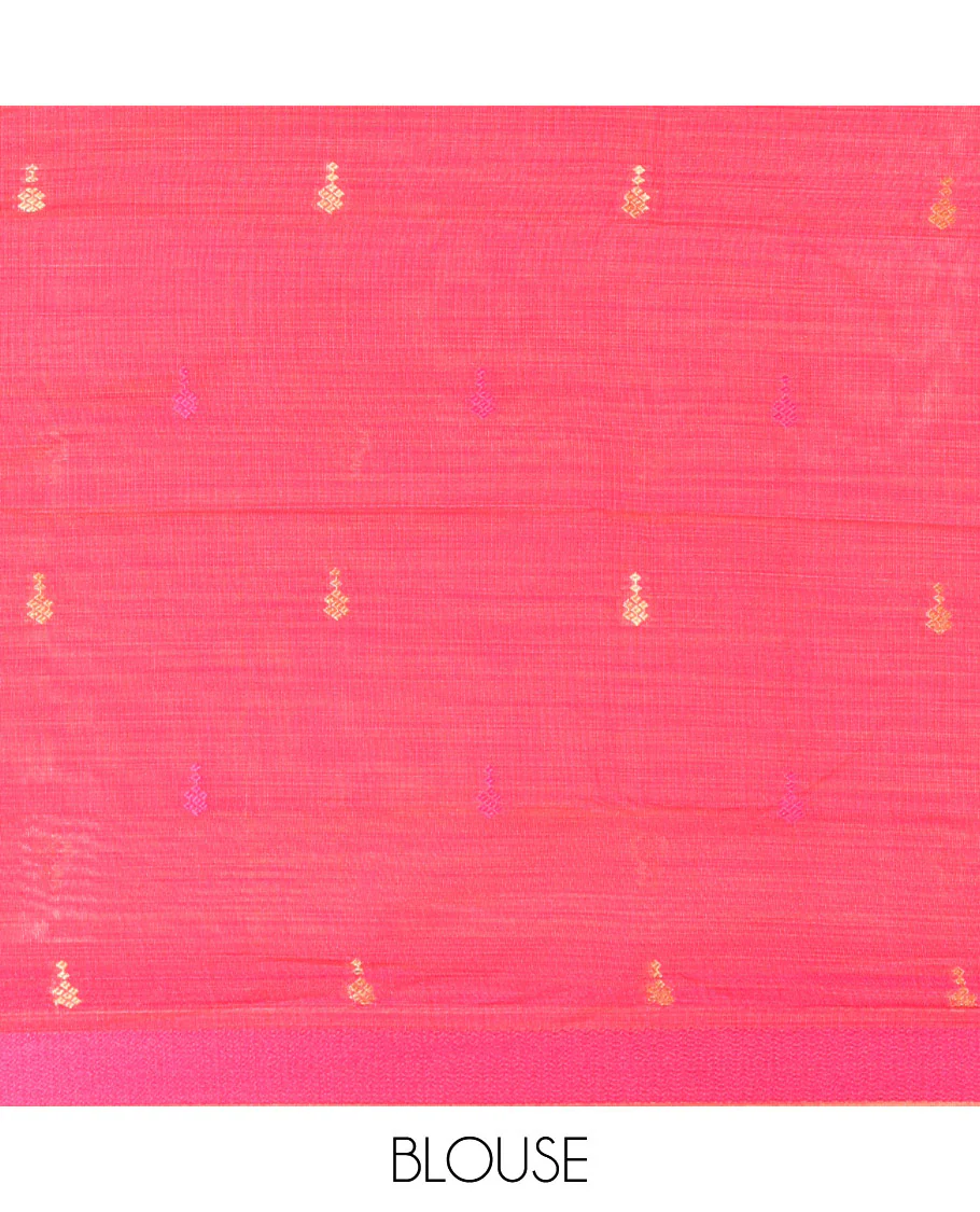 Chikku Slub Cotton Saree Prettified with Resham Thread Buttas All Over Its Body, Subtly Woven Thread Border of Diamond Design, Captivating Contrasting Thread Work Pallu, and a Contrast Blouse - Image 3