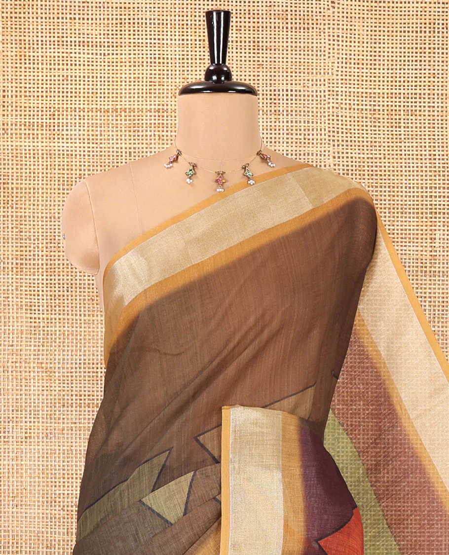 Coffee Brown and Green Linen Cotton Saree, Elevated with Geometric Print on Its Body, Complemented by Contrast Zari Border, Geometric Printed Pallu, and Paired with a Contrast Blouse - Image 2