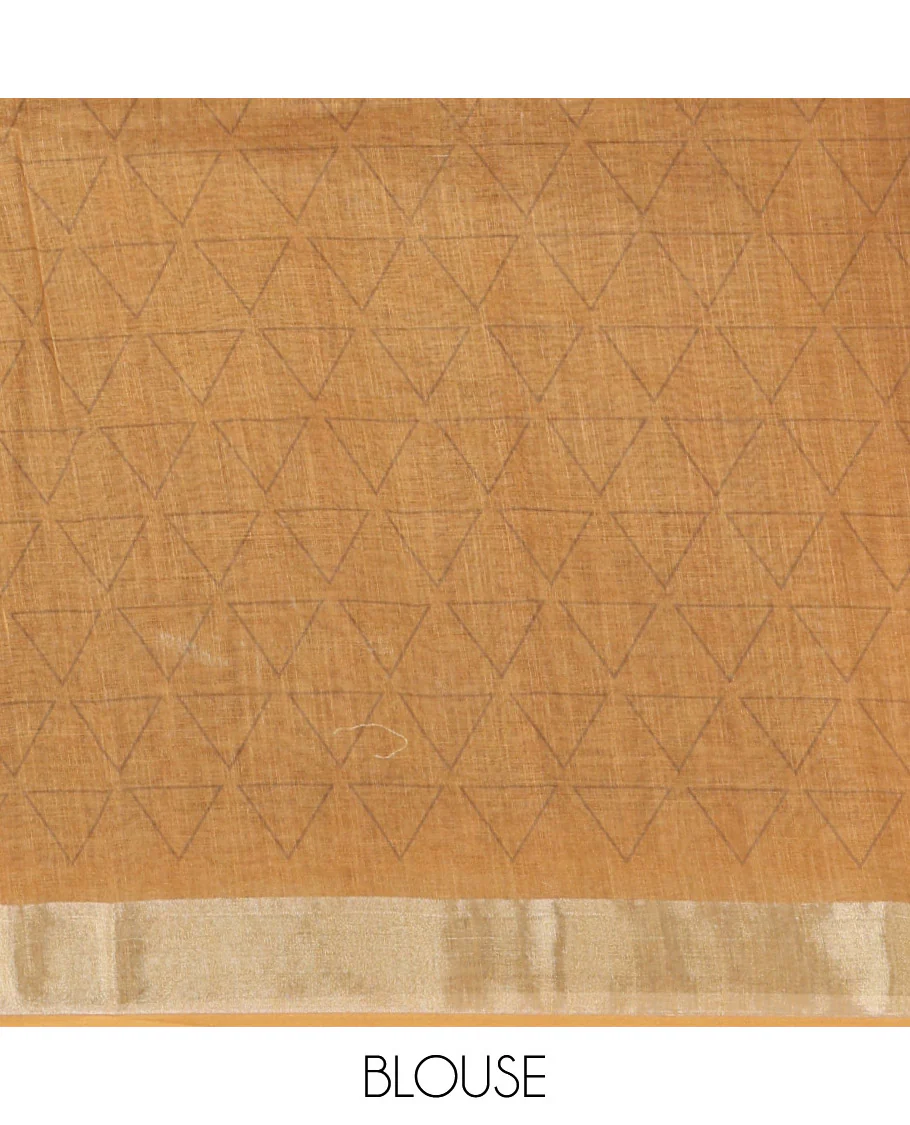 Coffee Brown and Green Linen Cotton Saree, Elevated with Geometric Print on Its Body, Complemented by Contrast Zari Border, Geometric Printed Pallu, and Paired with a Contrast Blouse - Image 3