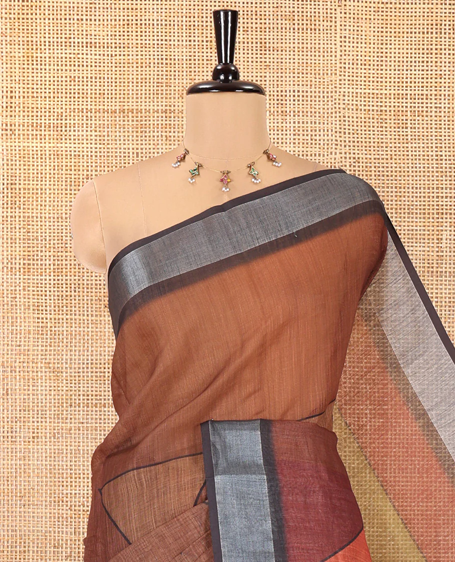 Coffee Brown and Rust Linen Cotton Saree, Accentuated with Geometric Print on Its Body, Complemented by Contrast Zari Border, Geometric Printed Pallu, and Paired with a Contrast Blouse - Image 2