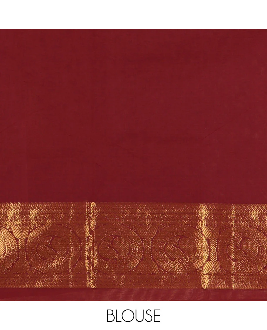 Coffee Brown Chettinad Cotton Saree, Subtly Sparkled with Buttas All Over Its Body, Highlighted Contrast by Zari Traditional Border of Round Chakram Designs, Pallu of Stripes and Buttas, and Paired with a Matching Blouse - Image 3