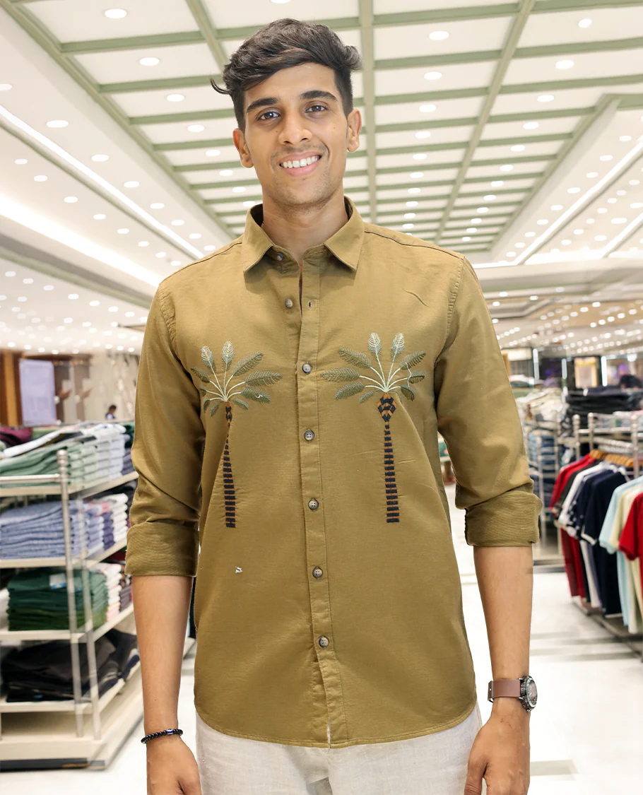 Coffee Brown Cotton-Blended Casual Shirt, Artfully Designed with Palm Tree Motifs Embroidery, Featuring a Spread Collar, Full Sleeves, Slim Fit, and Regular Length - Image 2