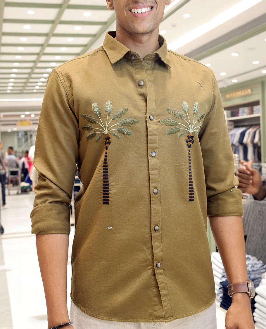 Coffee Brown Cotton-Blended Casual Shirt, Artfully Designed with Palm Tree Motifs Embroidery, Featuring a Spread Collar, Full Sleeves, Slim Fit, and Regular Length - Image 5