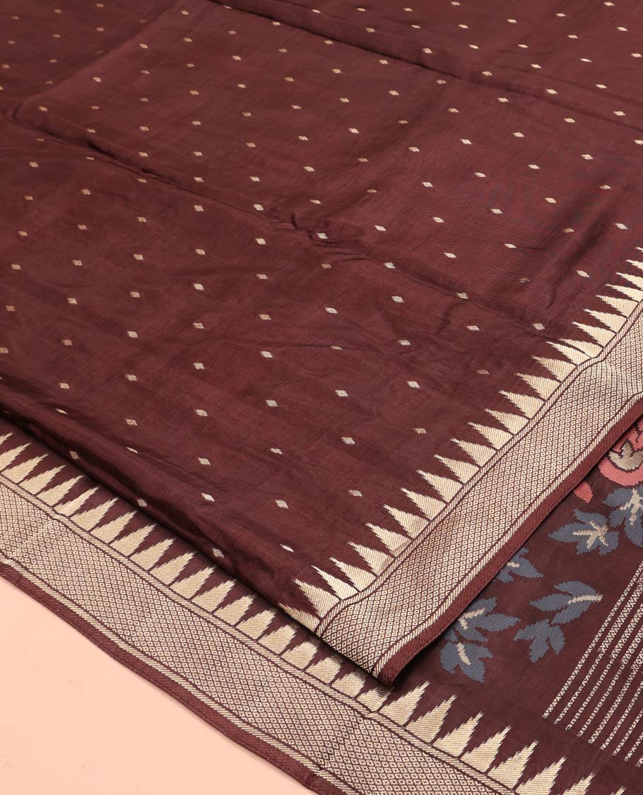 Coffee Brown HO-Silk Saree, Spotlighted with Diamond Buttas All Over Its Body, Highlighted by Temple Border, Complemented by Pallu Depicting Floral and Crane Motifs, Paired with a Matching Blouse - Image 2