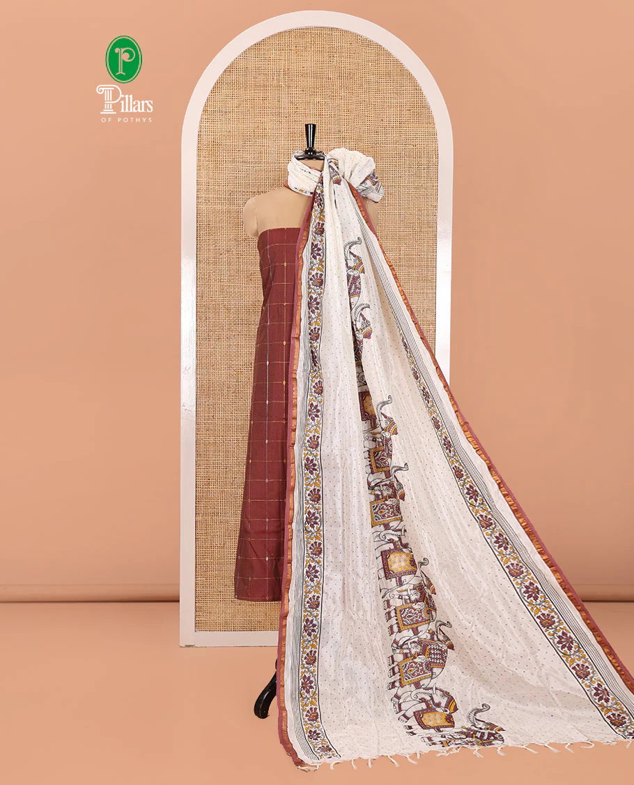 Coffee Brown Material Churidar Set, Adorned with Zari Checked Semi-Silk Top, Comes with a Contrast Plain Soft Cotton Bottom, and a Contrast Semi-Silk Dupatta, Pictures a Herd of Elephants