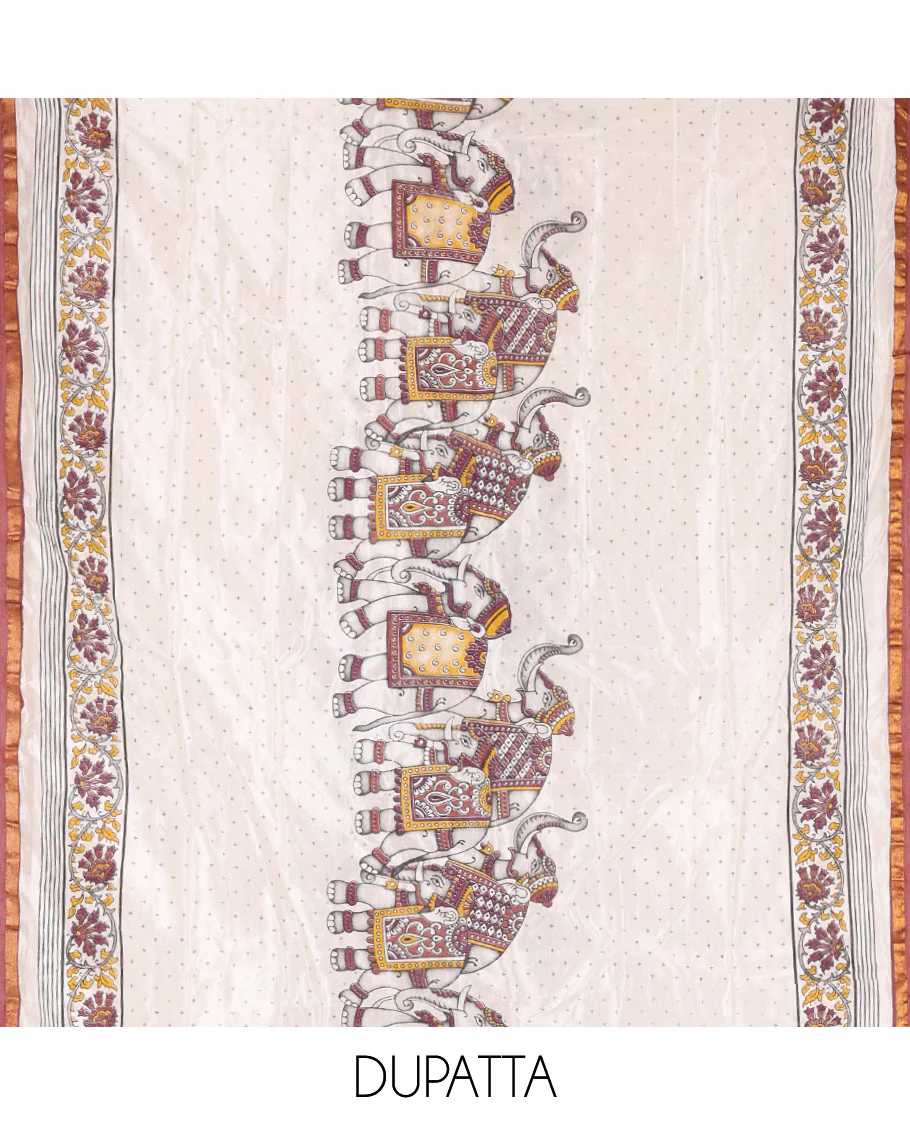 Coffee Brown Material Churidar Set, Adorned with Zari Checked Semi-Silk Top, Comes with a Contrast Plain Soft Cotton Bottom, and a Contrast Semi-Silk Dupatta, Pictures a Herd of Elephants - Image 2