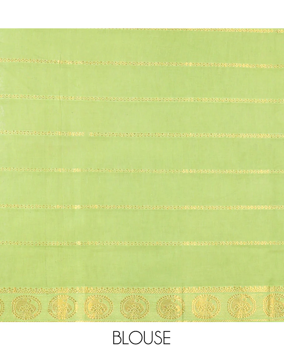 Coffee Brown Plain Sungudi Cotton Saree, Highlighted by Traditional Zari Border of Peacock and Floral Creeper Designs, Subtly Striped Pallu, and Paired with a Contrast Blouse - Image 3