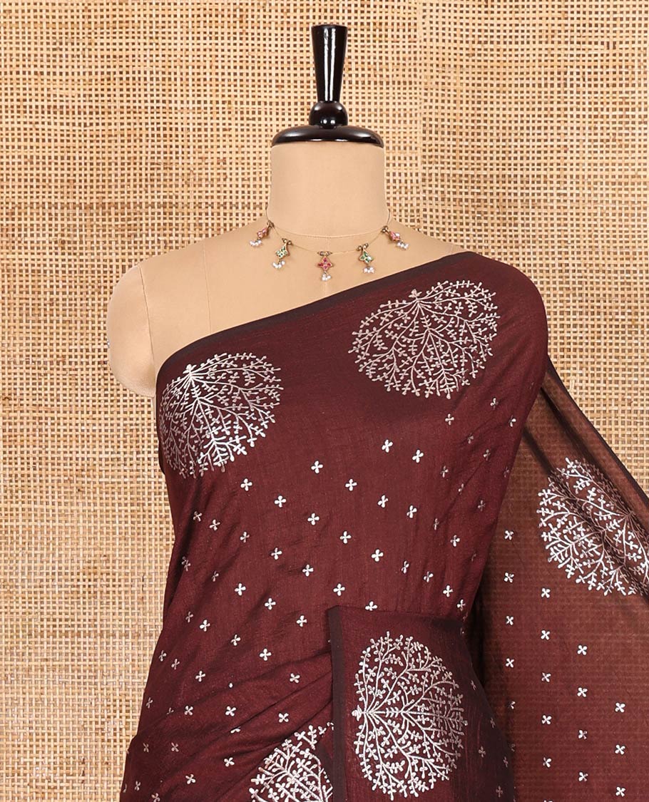 Coffee brown plus buttas woven Vichitra silk saree, kalpavriksha tree motifs woven on its border, self-pallu, and no blouse - Image 2
