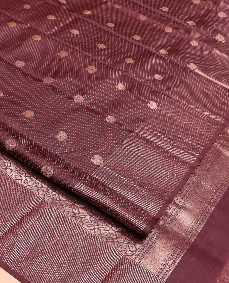 Coffee Brown Vasundhara Silk Saree, Finely Crafted with Raindrop Buttas, and Annam Chakram Bu\ttas on Its Body, Highlighted by a Zari Geometric-Textured Border, Gleaming Copper-Colored Zari Pallu of Jaal Designs, and Paired with a Matching Blouse - Image 10